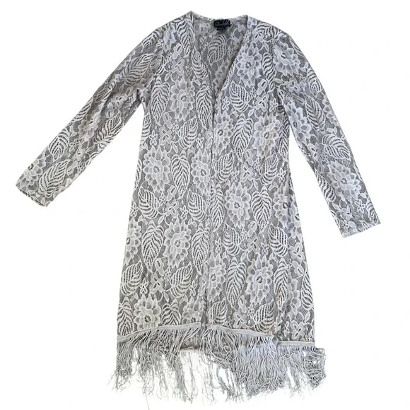 Questions Tan Long Line Feminine‎ Romantic Boho Fringe Lace Cardigan/Jacket ~ L - Picture 12 of 16